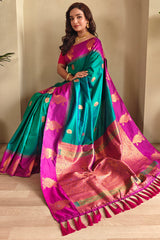 Classic Rama Soft Banarasi Silk Saree With Ethnic Blouse Piece