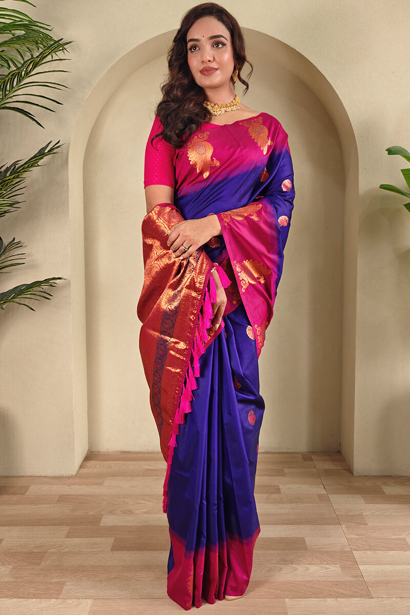 Piquant Royal Blue Soft Banarasi Silk Saree With Nemesis Blouse Piece