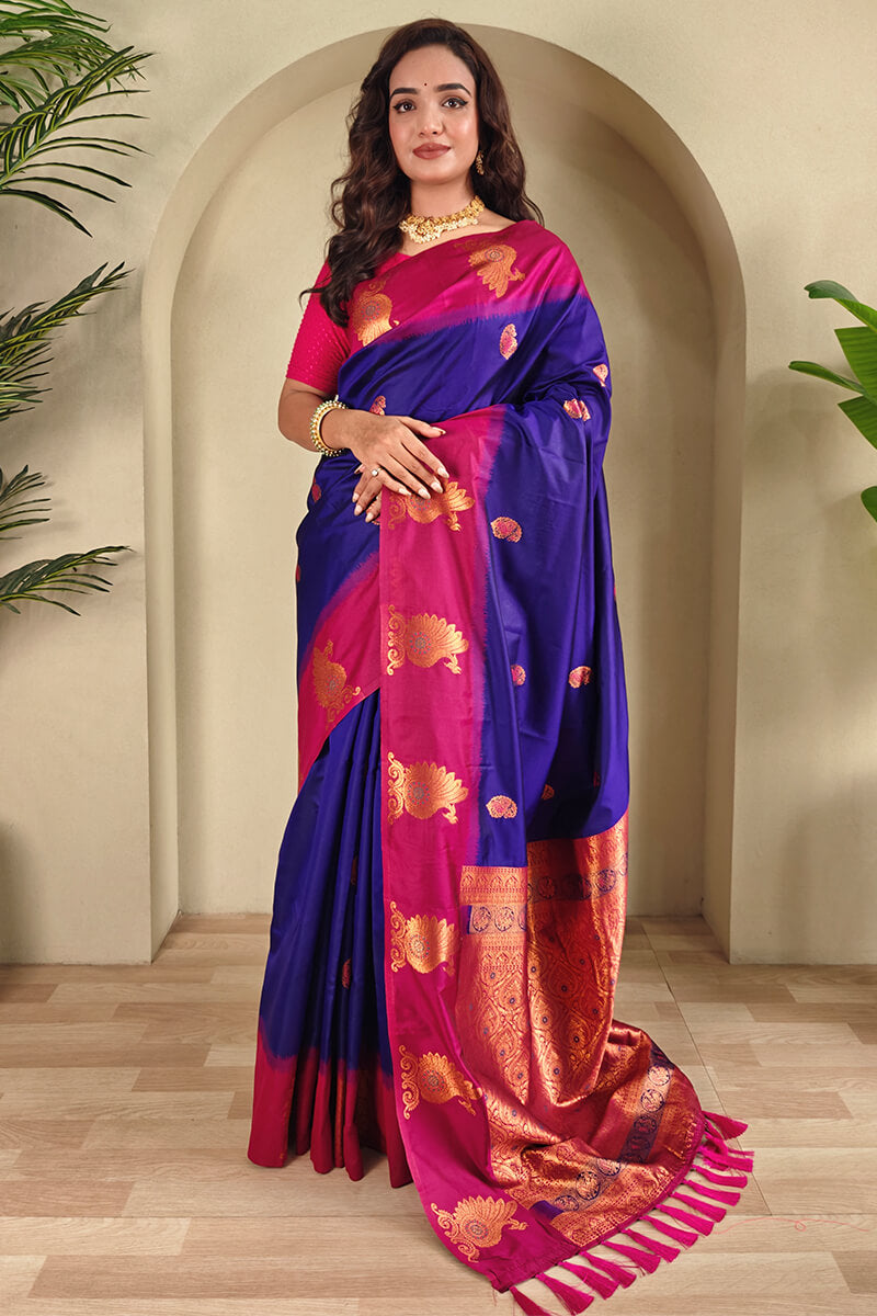 Piquant Royal Blue Soft Banarasi Silk Saree With Nemesis Blouse Piece