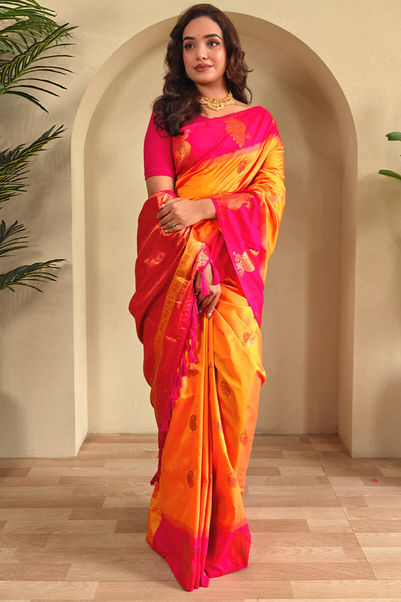 Jazzy Yellow Soft Banarasi Silk Saree With Effulgent Blouse Piece
