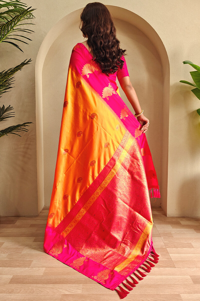 Jazzy Yellow Soft Banarasi Silk Saree With Effulgent Blouse Piece