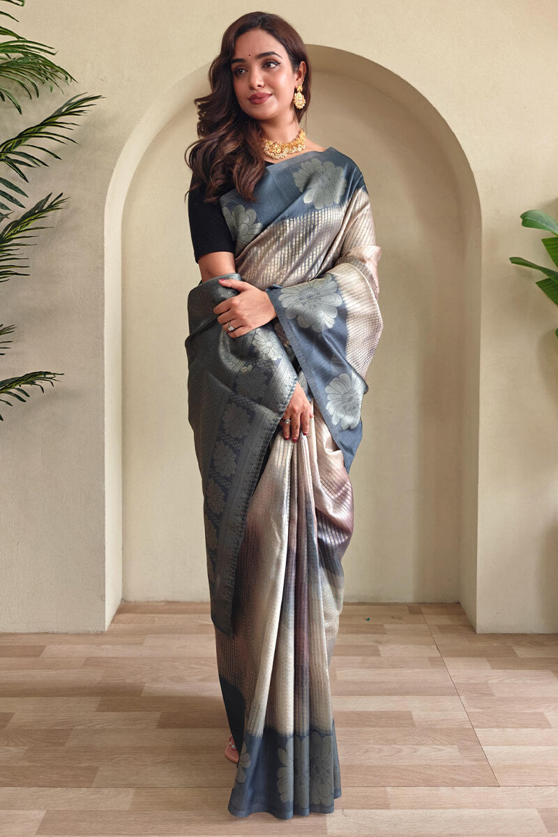 Luxuriant Grey Soft Banarasi Silk Saree With Trendy Blouse Piece