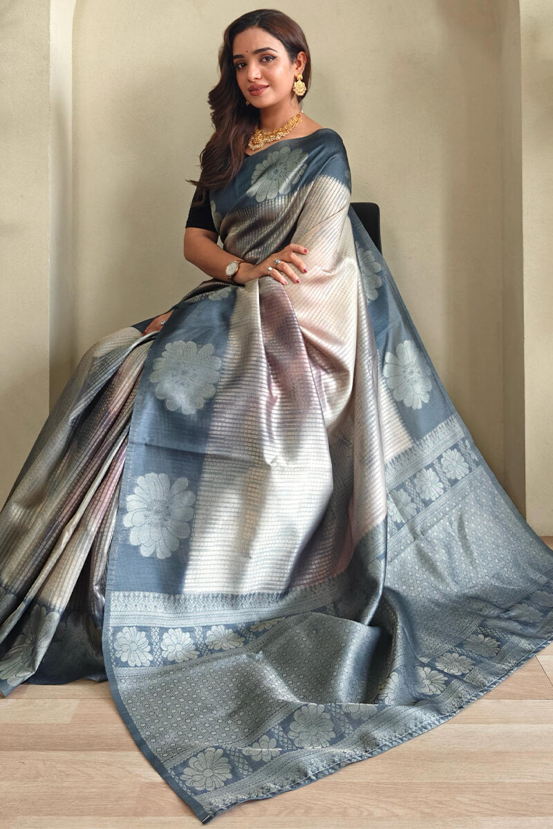 Luxuriant Grey Soft Banarasi Silk Saree With Trendy Blouse Piece
