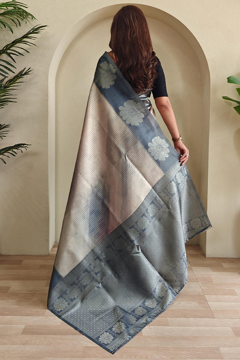 Luxuriant Grey Soft Banarasi Silk Saree With Trendy Blouse Piece