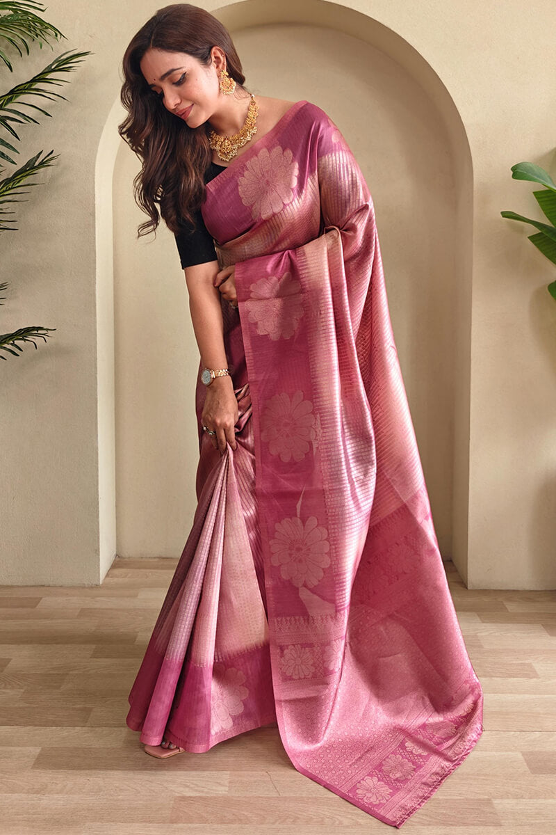Sizzling Pink Soft Banarasi Silk Saree With Delightful Blouse Piece
