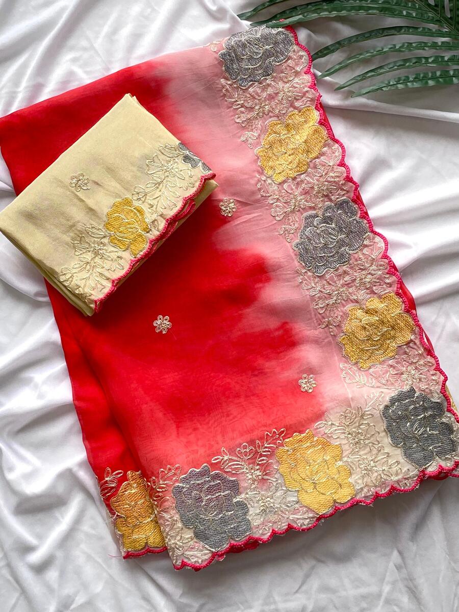 Resplendent Red Embroidery Work Organza Silk Saree With Susurrous Blouse Piece
