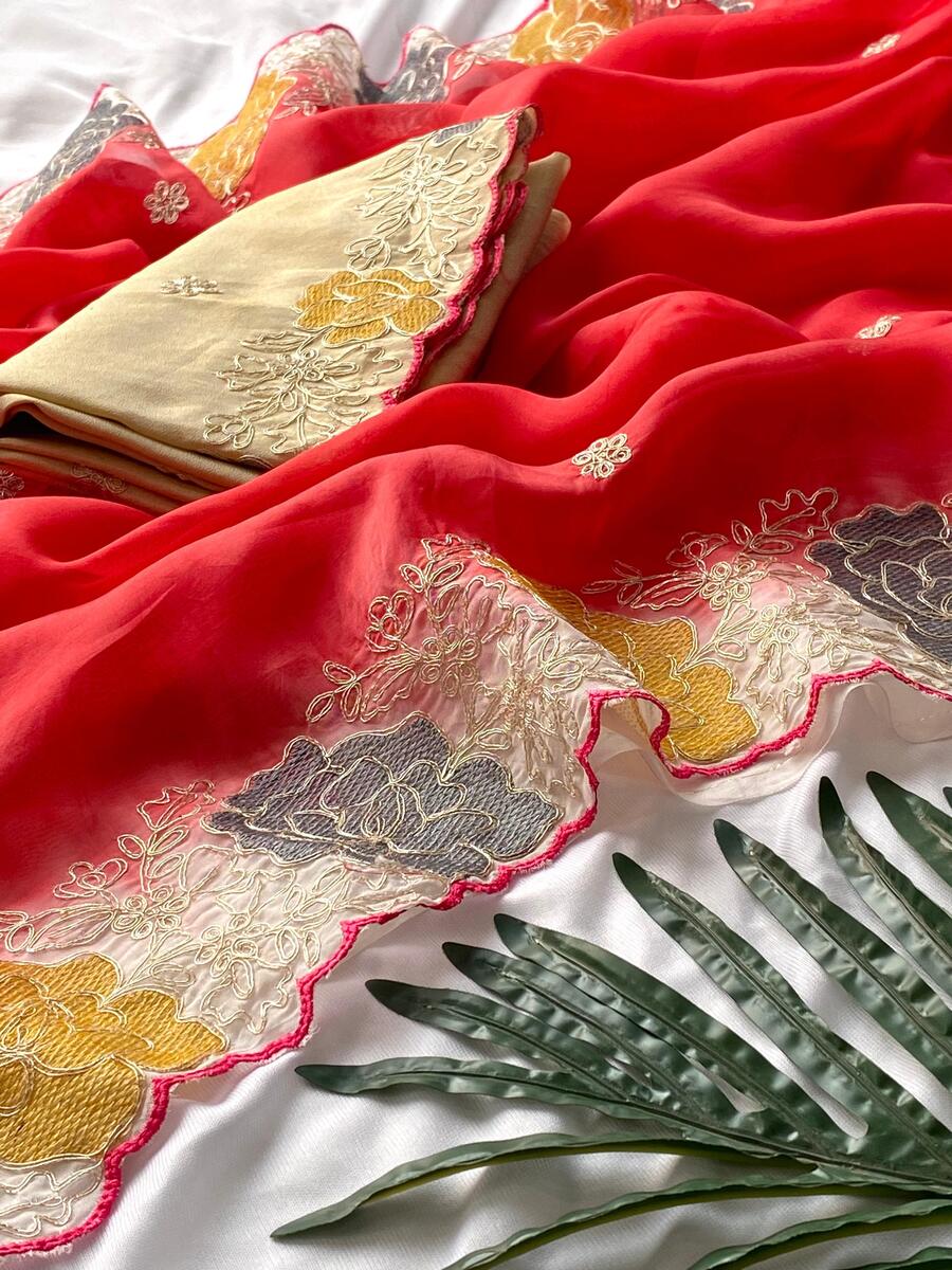 Resplendent Red Embroidery Work Organza Silk Saree With Susurrous Blouse Piece