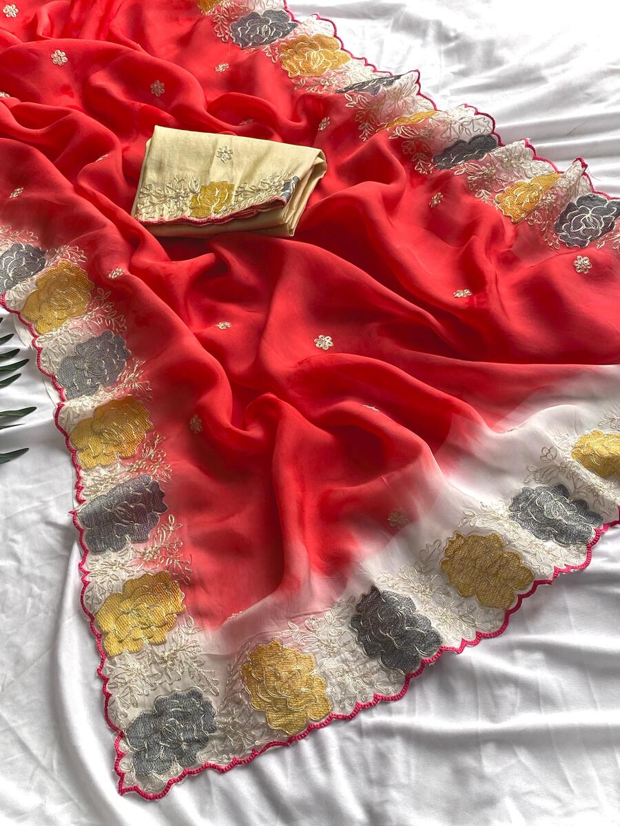 Resplendent Red Embroidery Work Organza Silk Saree With Susurrous Blouse Piece