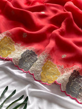 Resplendent Red Embroidery Work Organza Silk Saree With Susurrous Blouse Piece