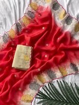 Resplendent Red Embroidery Work Organza Silk Saree With Susurrous Blouse Piece