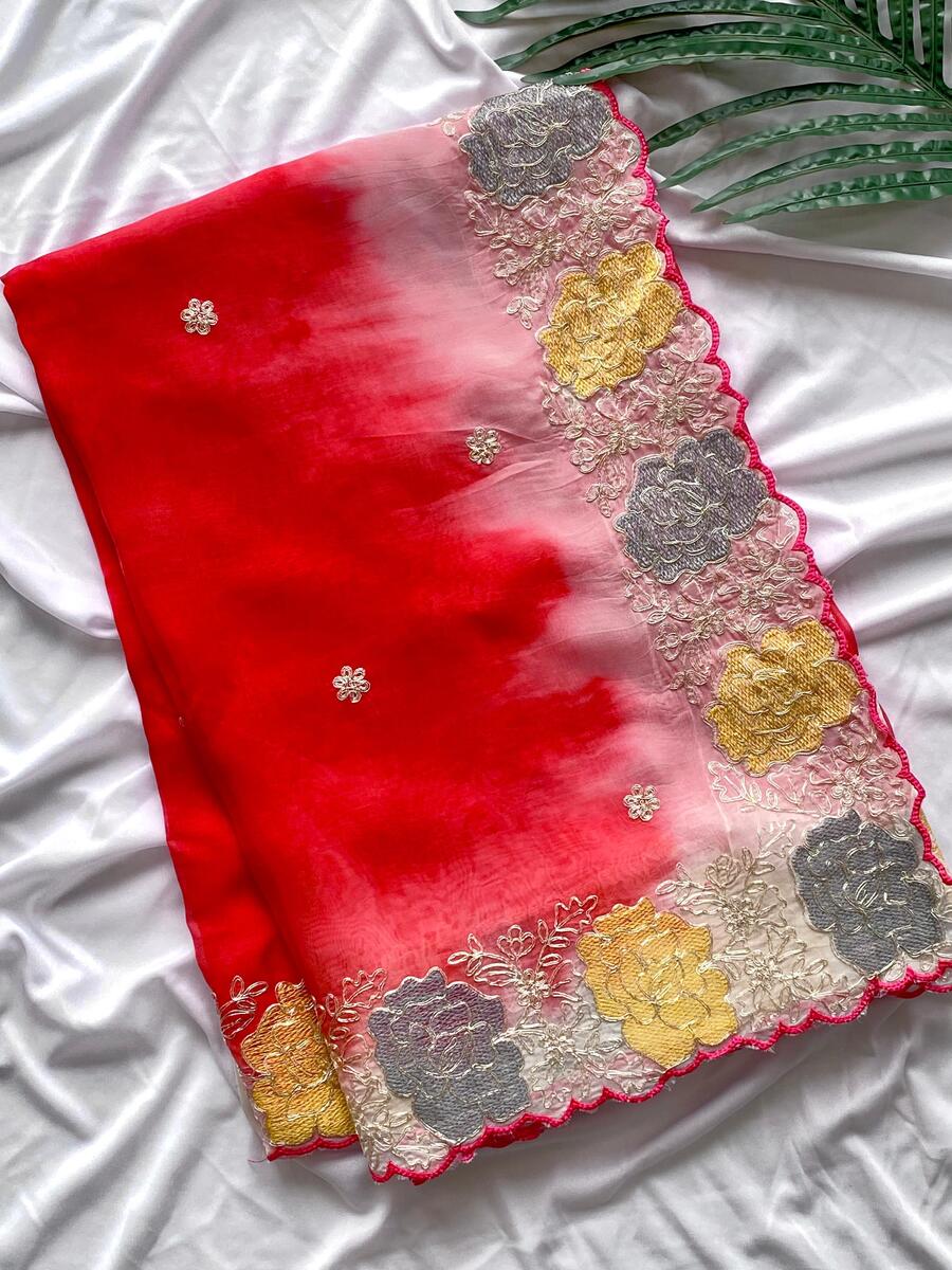 Resplendent Red Embroidery Work Organza Silk Saree With Susurrous Blouse Piece