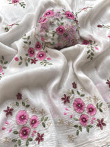 Radiant Off White Handwork Crush Silk Saree With Alluring Blouse Piece