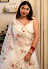 Radiant Off White Handwork Crush Silk Saree With Alluring Blouse Piece