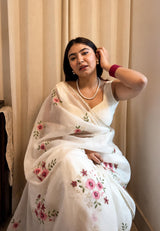 Radiant Off White Handwork Crush Silk Saree With Alluring Blouse Piece
