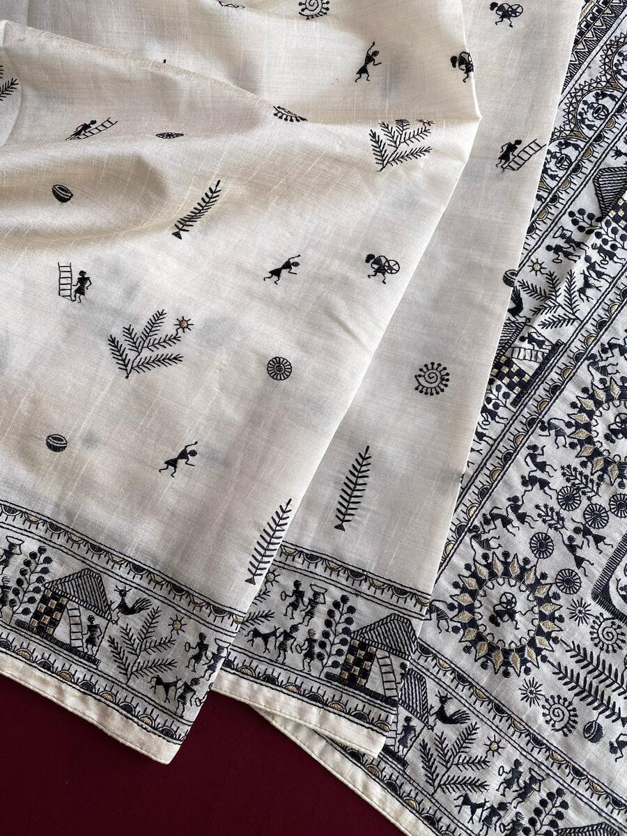 Beguiling Off White Embroidery Work Tussar Silk Saree With Glamorous Blouse Piece