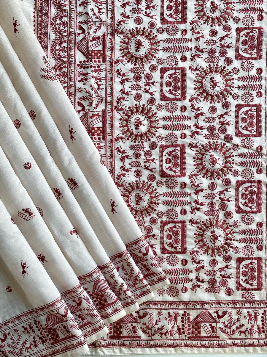 Mesmeric Off White Embroidery Work Tussar Silk Saree With Classic Blouse Piece