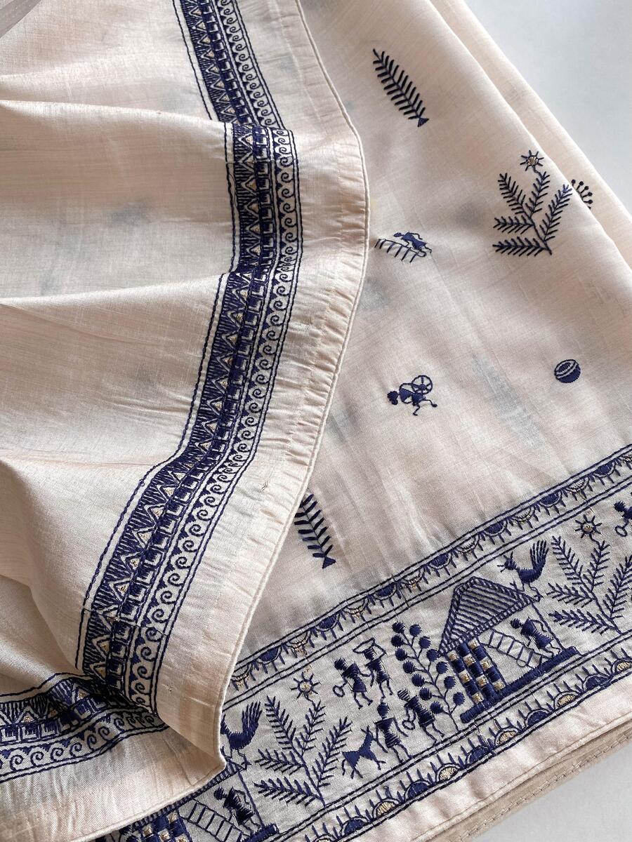Bewitching Off White Embroidery Work Tussar Silk Saree With Aplomb Blouse Piece