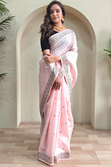 Effervescent Baby Pink Embroidery Work Tussar Silk Saree With Serendipity Blouse Piece