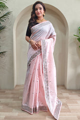 Effervescent Baby Pink Embroidery Work Tussar Silk Saree With Serendipity Blouse Piece