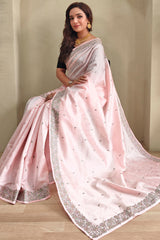 Effervescent Baby Pink Embroidery Work Tussar Silk Saree With Serendipity Blouse Piece
