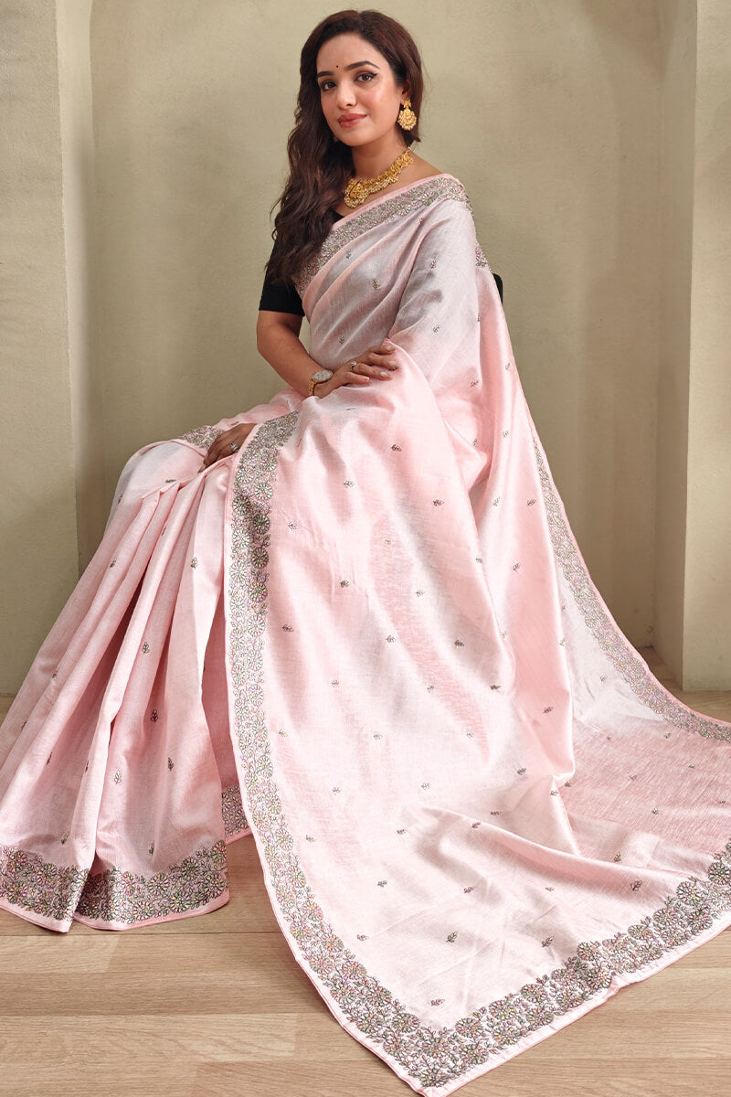Effervescent Baby Pink Embroidery Work Tussar Silk Saree With Serendipity Blouse Piece