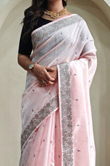 Effervescent Baby Pink Embroidery Work Tussar Silk Saree With Serendipity Blouse Piece