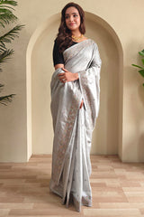 Sonorous Grey Embroidery Work Tussar Silk Saree With Scintillating Blouse Piece