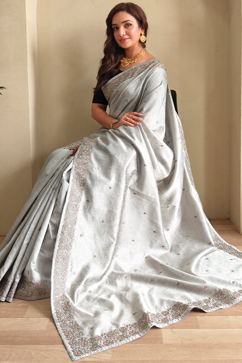 Sonorous Grey Embroidery Work Tussar Silk Saree With Scintillating Blouse Piece
