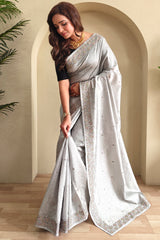 Sonorous Grey Embroidery Work Tussar Silk Saree With Scintillating Blouse Piece