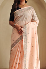 Flattering Peach Embroidery Work Tussar Silk Saree With Fancifull Blouse Piece
