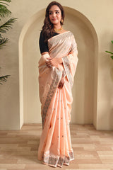 Flattering Peach Embroidery Work Tussar Silk Saree With Fancifull Blouse Piece