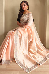 Flattering Peach Embroidery Work Tussar Silk Saree With Fancifull Blouse Piece
