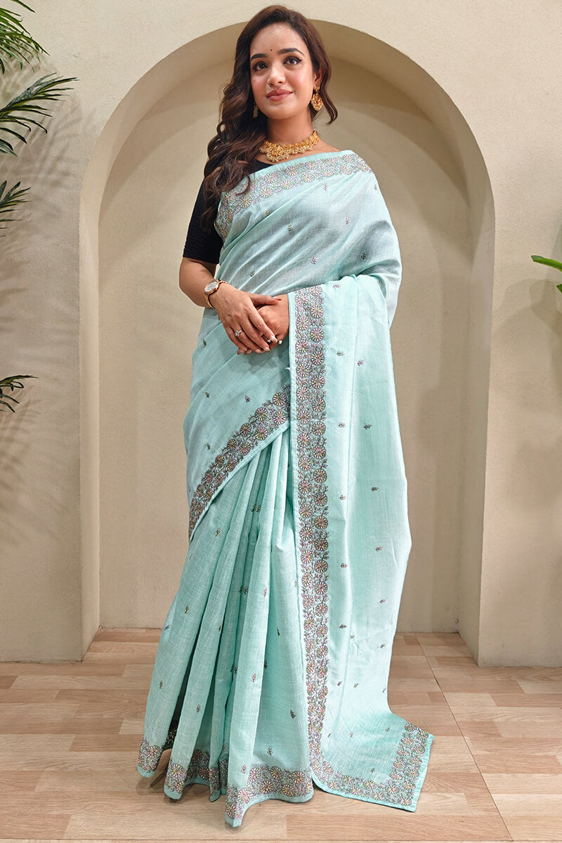 Desultory Sky Embroidery Work Tussar Silk Saree With Posh Blouse Piece