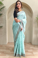 Desultory Sky Embroidery Work Tussar Silk Saree With Posh Blouse Piece