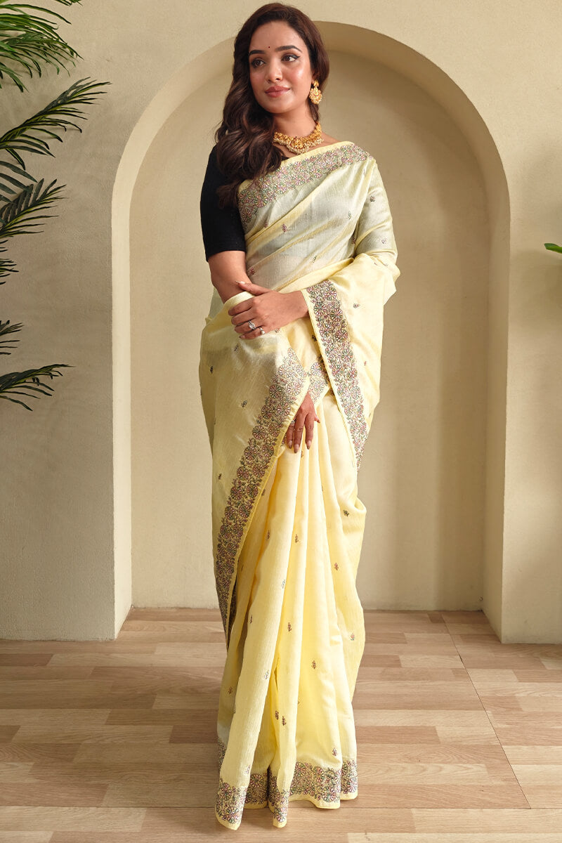 Ephemeral Yellow Embroidery Work Tussar Silk Saree With Beautiful Blouse Piece