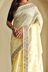 Ephemeral Yellow Embroidery Work Tussar Silk Saree With Beautiful Blouse Piece