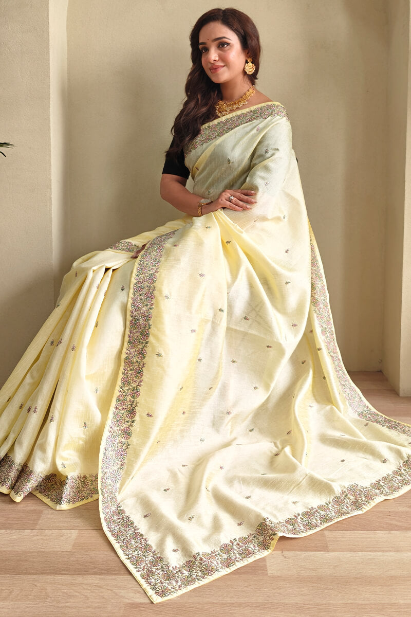 Ephemeral Yellow Embroidery Work Tussar Silk Saree With Beautiful Blouse Piece