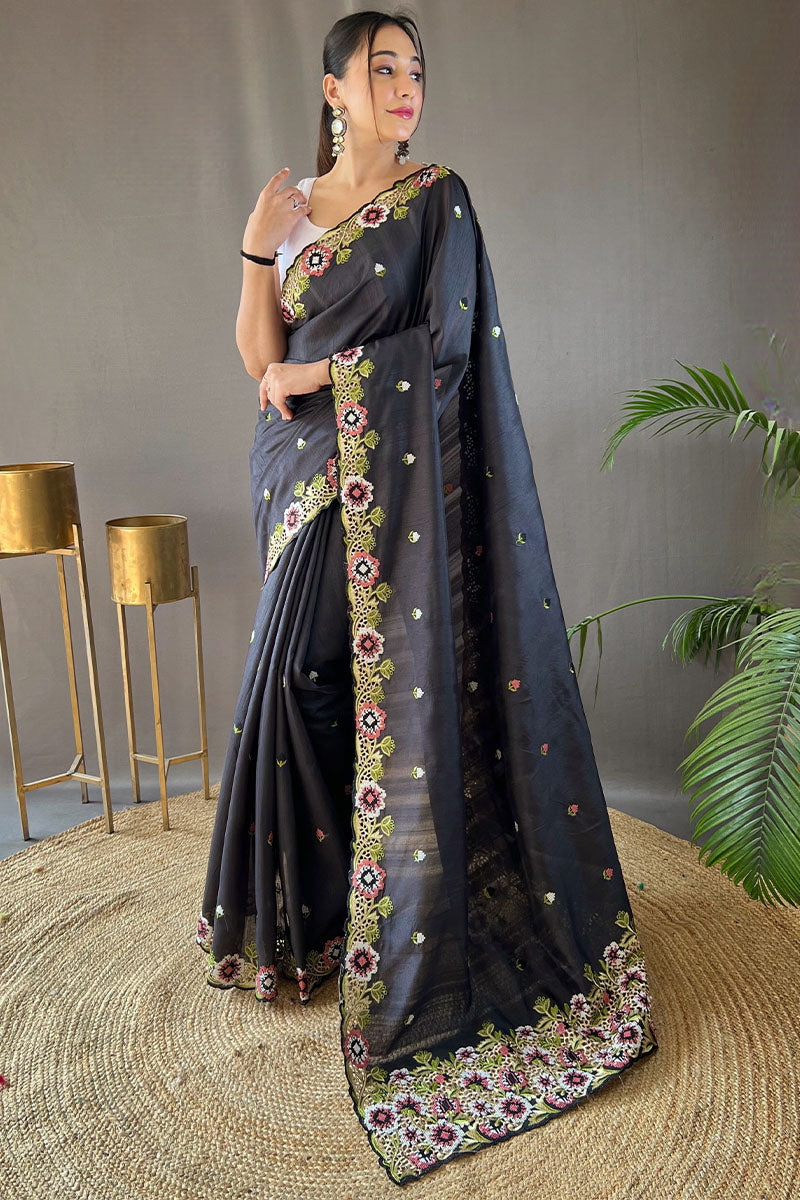 Jazzy Black Embroidery Work Tussar Silk Saree With Girlish Blouse Piece