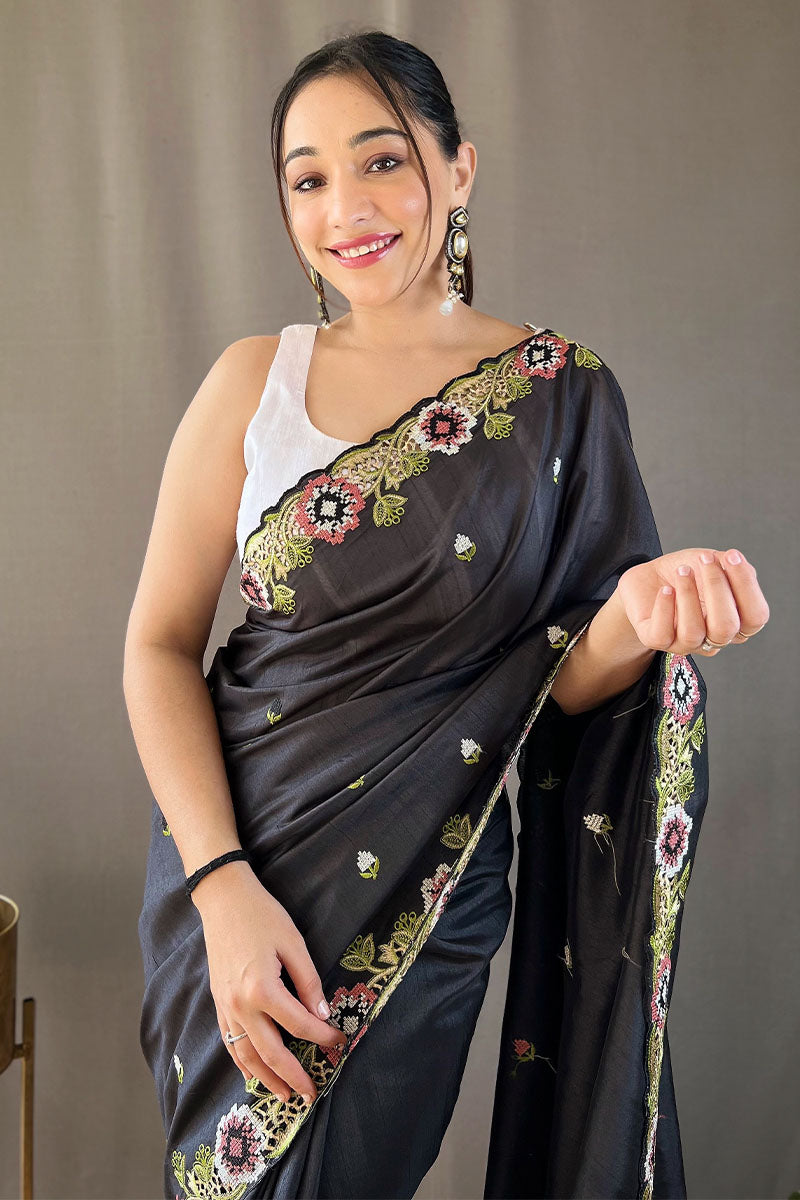 Jazzy Black Embroidery Work Tussar Silk Saree With Girlish Blouse Piece