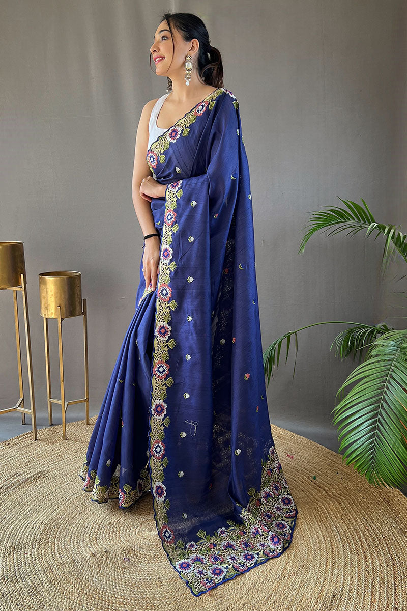 Amazing Blue Embroidery Work Tussar Silk Saree With Skinny Blouse Piece