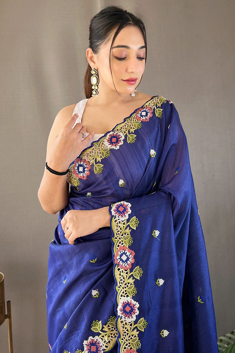 Amazing Blue Embroidery Work Tussar Silk Saree With Skinny Blouse Piece