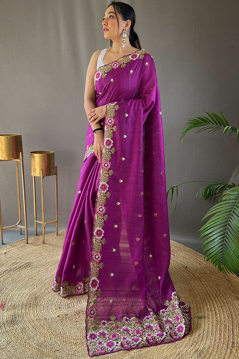 Redolent Purple Embroidery Work Tussar Silk Saree With Splendiferous Blouse Piece