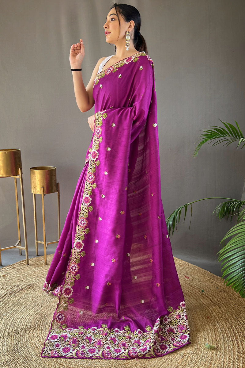 Redolent Purple Embroidery Work Tussar Silk Saree With Splendiferous Blouse Piece