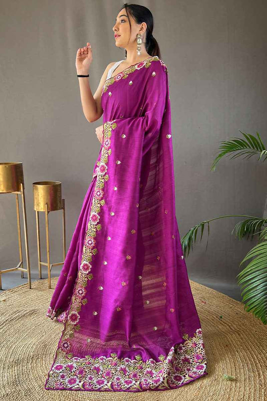Redolent Purple Embroidery Work Tussar Silk Saree With Splendiferous Blouse Piece