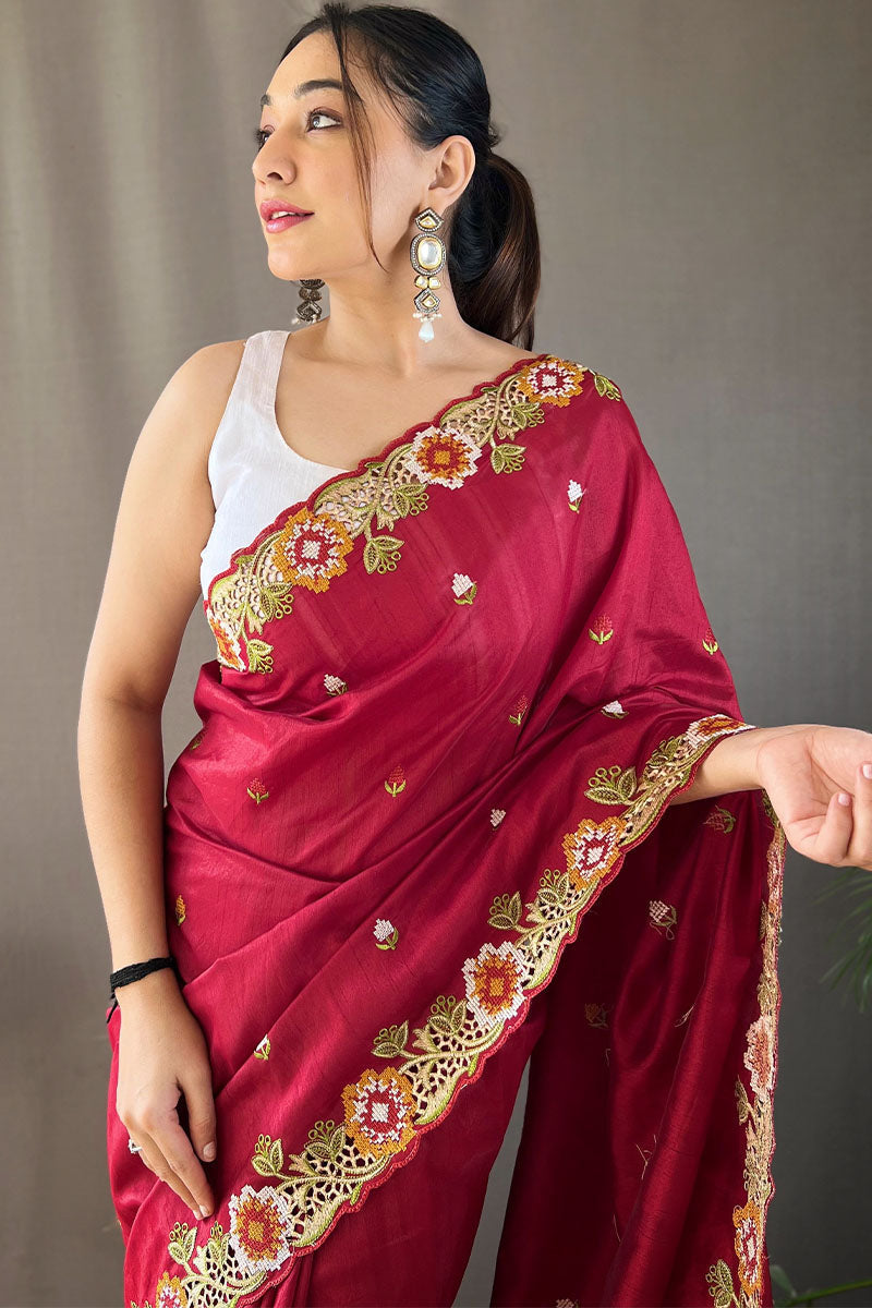 Improbable Wine Embroidery Work Tussar Silk Saree With Elaborate Blouse Piece