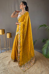 Aplomb Yellow Embroidery Work Tussar Silk Saree With Ethereal Blouse Piece