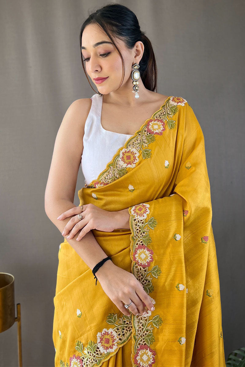 Aplomb Yellow Embroidery Work Tussar Silk Saree With Ethereal Blouse Piece