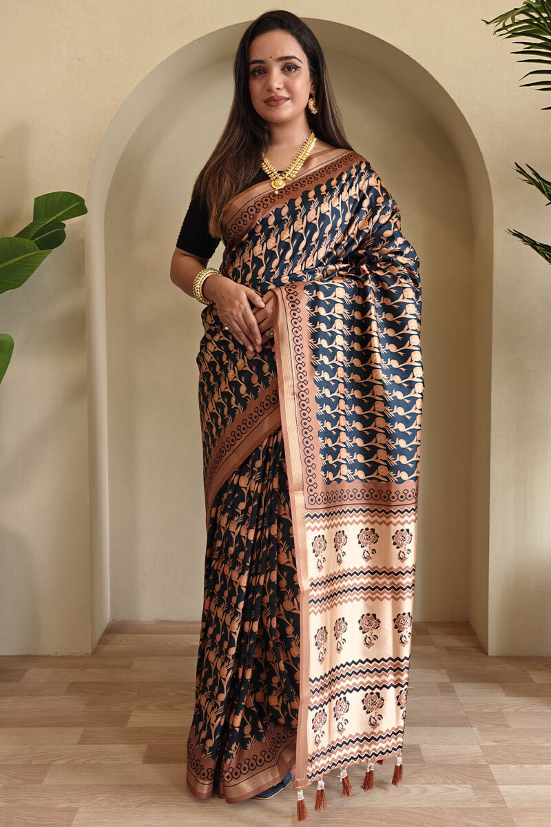 Petrichor Black Digital Printed Dola Silk Saree With Eclat Blouse Piece