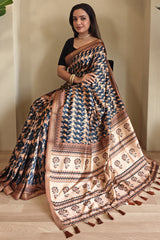 Petrichor Black Digital Printed Dola Silk Saree With Eclat Blouse Piece