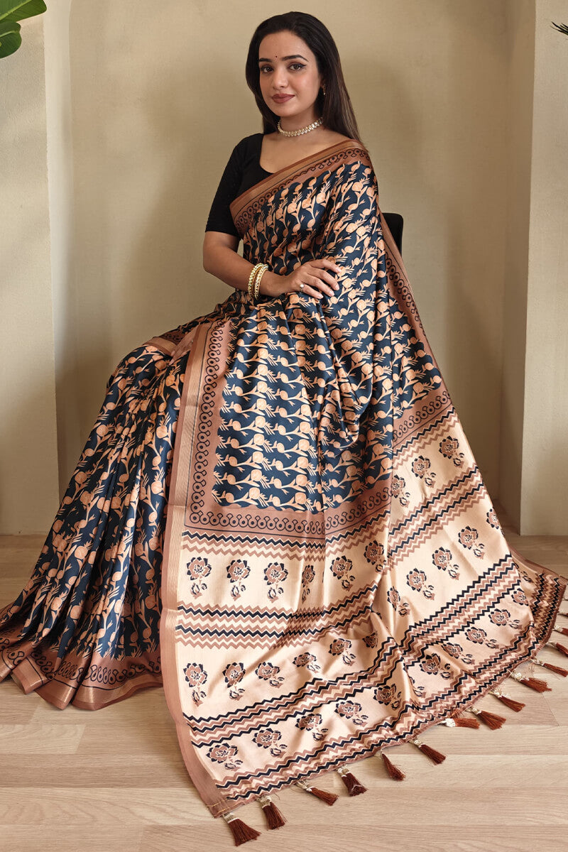 Petrichor Black Digital Printed Dola Silk Saree With Eclat Blouse Piece